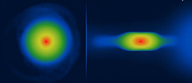 <p>Simulated young planet as viewed from the top (left) and from the side (right)</p>