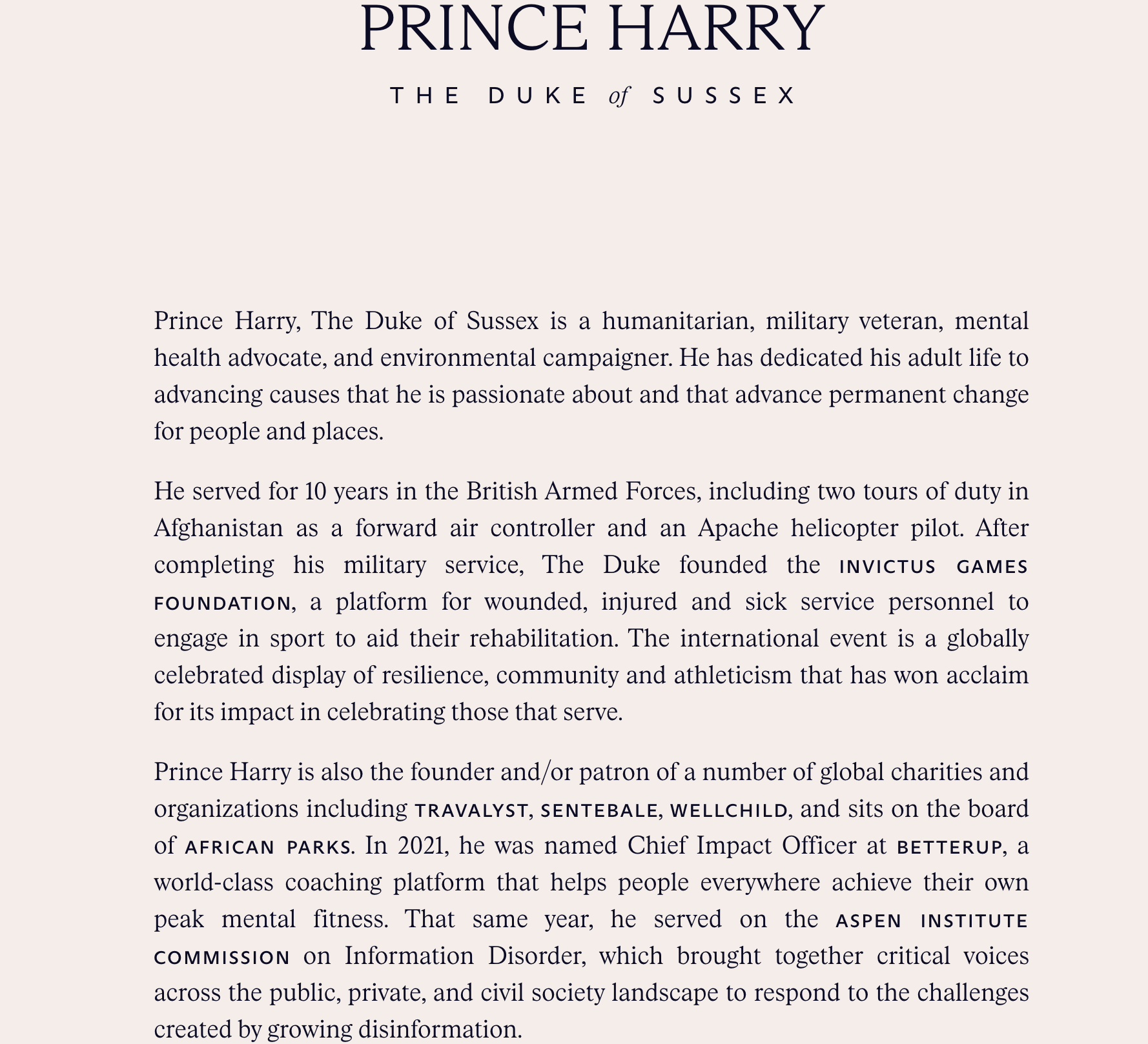 Harry is summarised as a ‘humanitarian, military veteran, mental health advocate, and environmental campaigner’