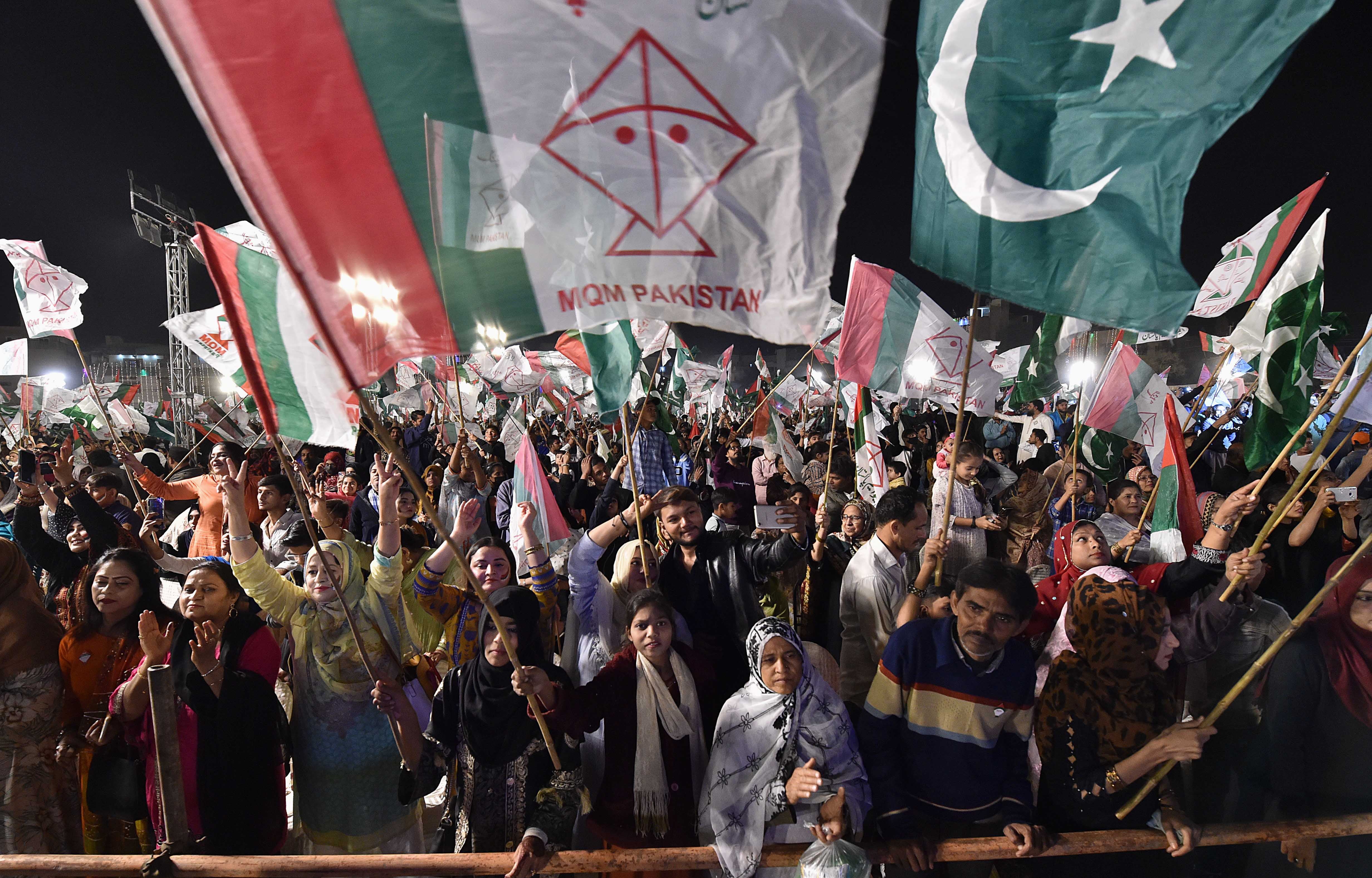 <p>Supporters of the Mutahida Qaumi Movement (MQM) celebrate after election commission of Pakistan announced unofficial preliminary results of general elections in Karachi, Pakistan, 11 February 2024</p>