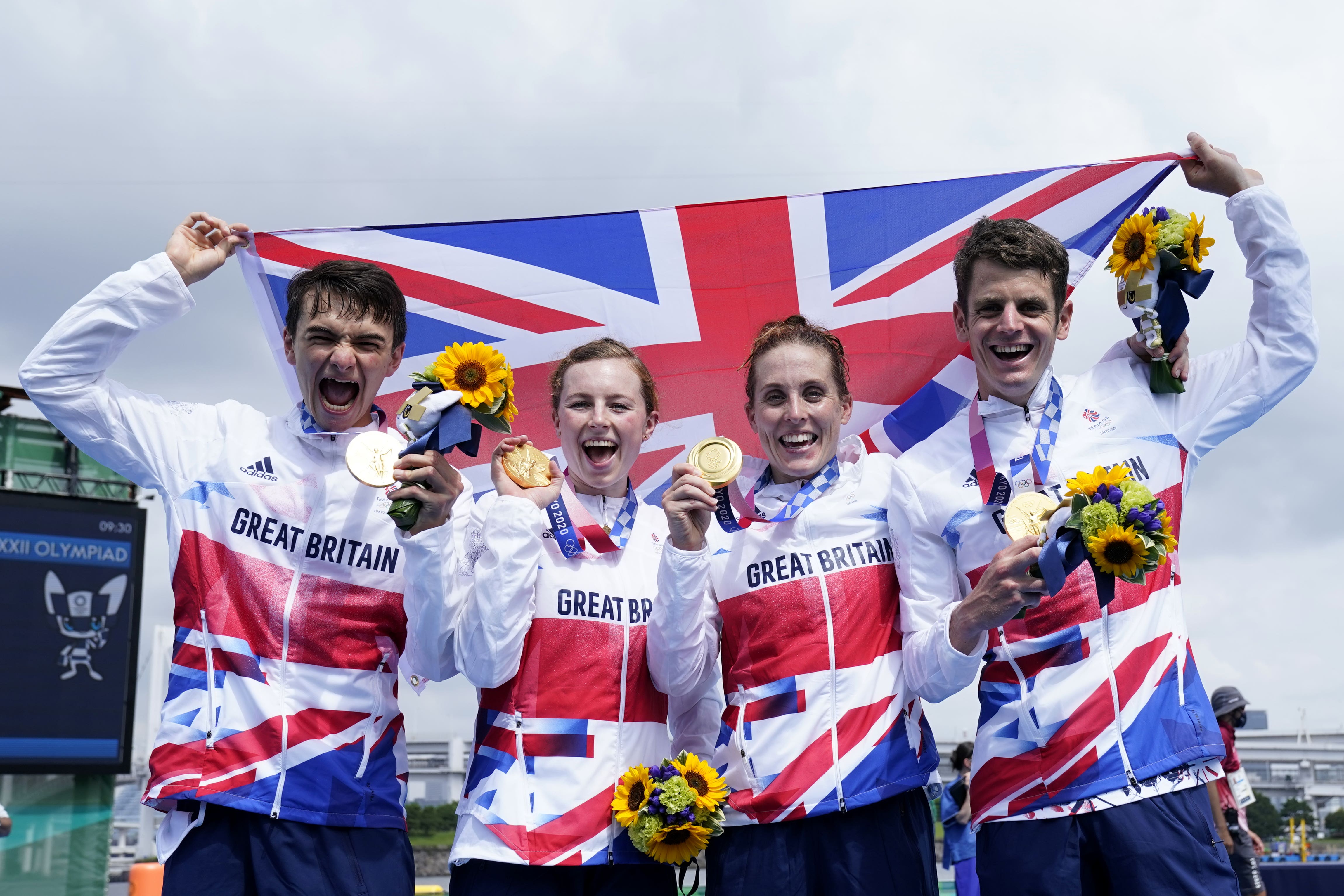 Jess Learmonth, second right, won mixed relay gold at Tokyo 2020