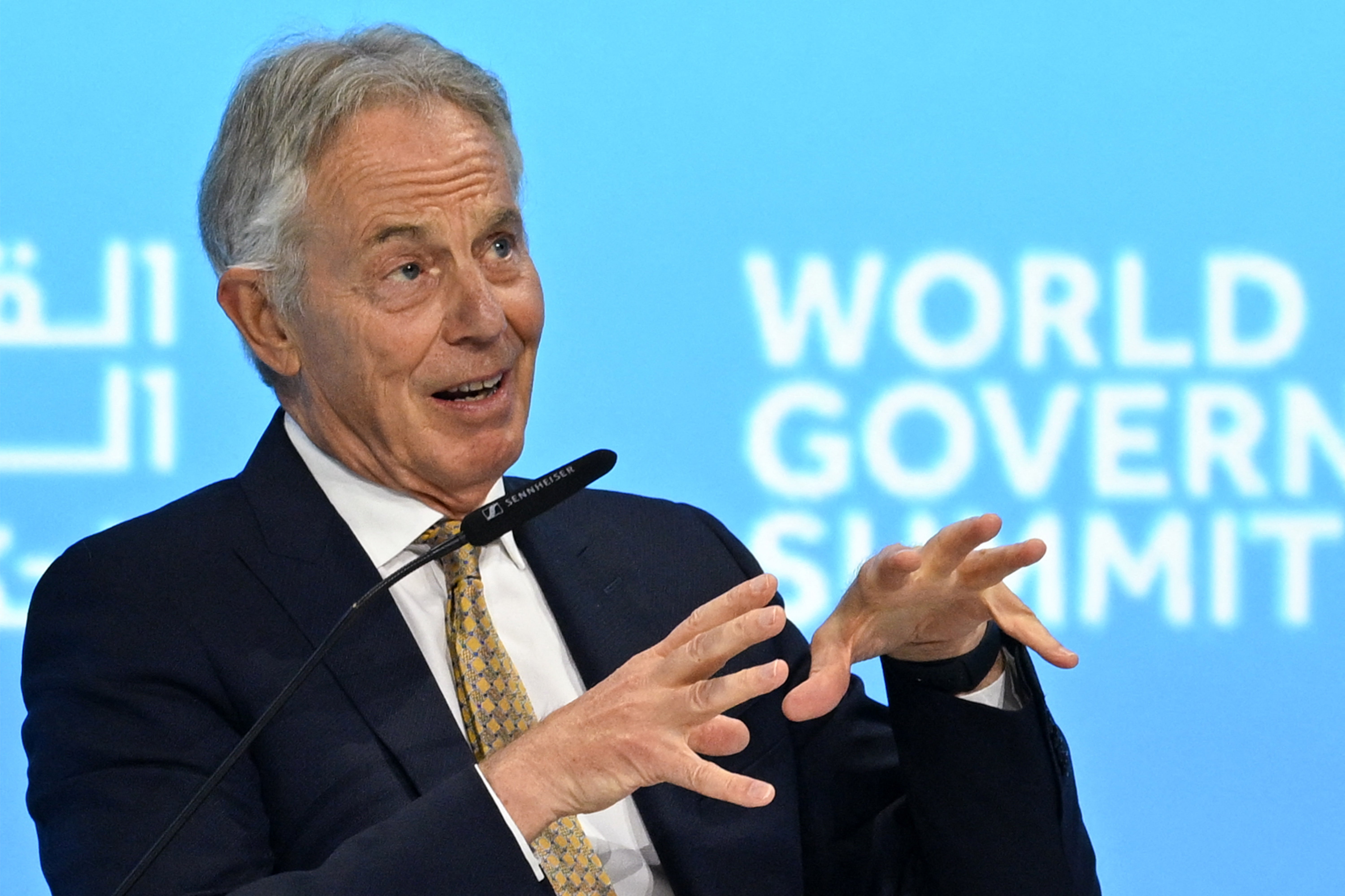 Britain’s former prime minister Tony Blair speaks at a panel session during the World Government Summit in Dubai in February