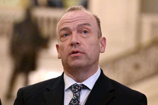 Northern Ireland Secretary Chris Heaton-Harris speaking to the media at the Northern Ireland Assembly (PA).