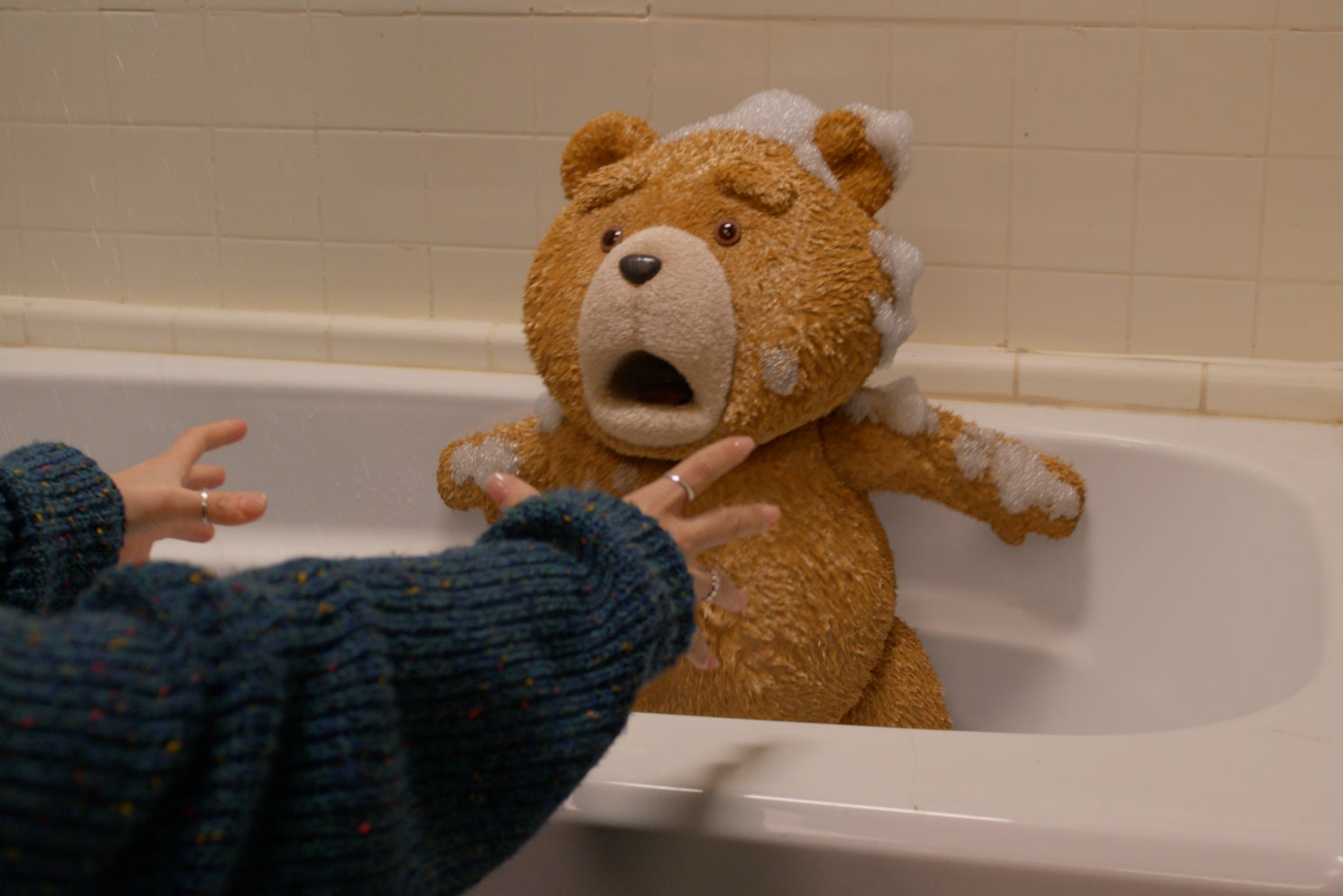 The obnoxious Ted (Seth MacFarlane) receives a bath in the new TV prequel