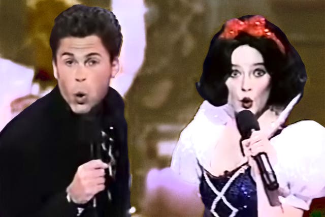 <p>The musical number from hell: Rob Lowe and Eileen Bowman perform an infamous duet at the 1989 Oscars</p>