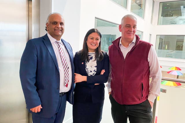 <p>Now suspended candidate Graham Jones (right), and Azhar Ali (left), who has been ditched as Labour’s  candidate in the Rochdale by-election, with shadow cabinet minister Lisa Nandy in 2022</p>