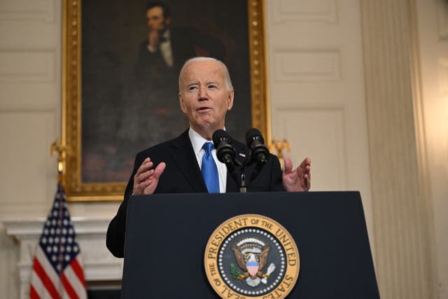 <p>US President Joe Biden speaks about the Senate passage of war aid for Ukraine in the State Dining Room of the White House on February 13, 2024</p>