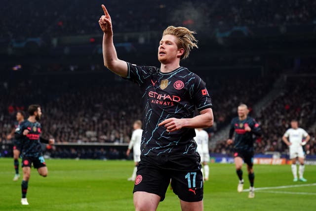 <p>Kevin De Bruyne celebrates after scoring Manchester City’s first goal</p>