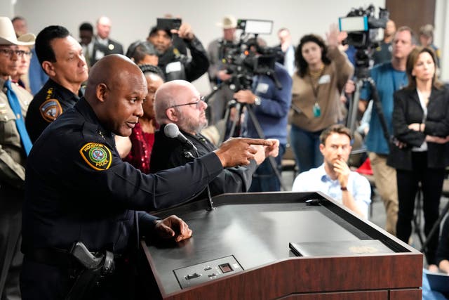 <p>Houston police brief reporters about the Lakewood Church shooting on Monday 12 February 2024</p>