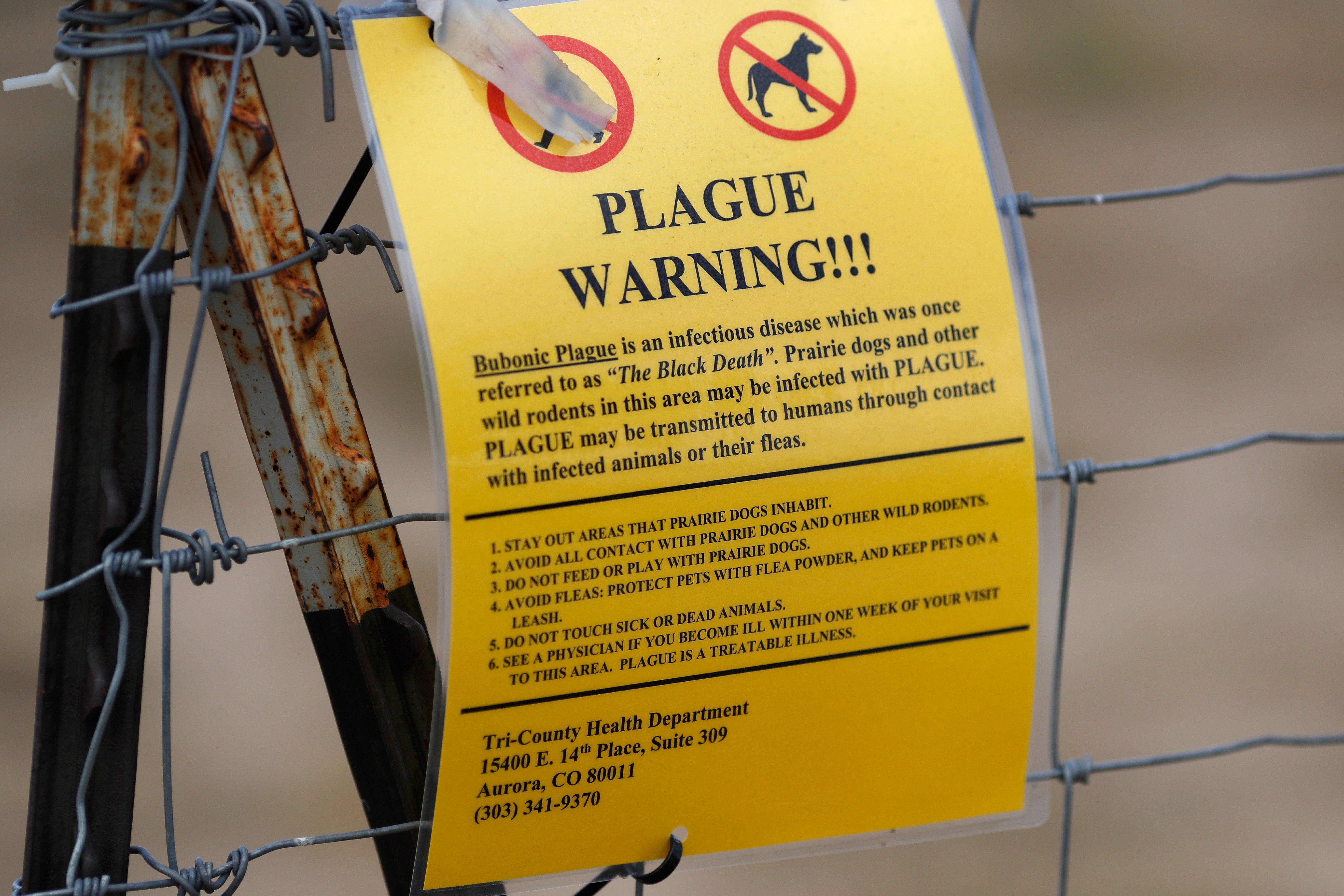 A bubonic plague warning sign is displayed at a parking lot near the Rocky Mountain Arsenal Wildlife Refuge.