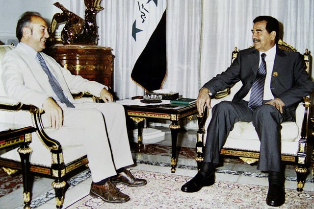 <p>George Galloway sits with Saddam Hussein in a meeting  condemned by many in the West </p>