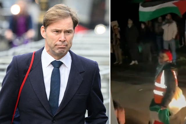 <p>Dozens of protesters descend on Tory MP Tobias Ellwood’s home accusing him of being ‘complicit in genocide’.</p>