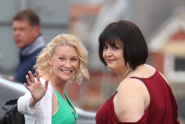 <p>Joanna Page and Ruth Jones during filming for the Gavin and Stacey Christmas special in 2019. </p>