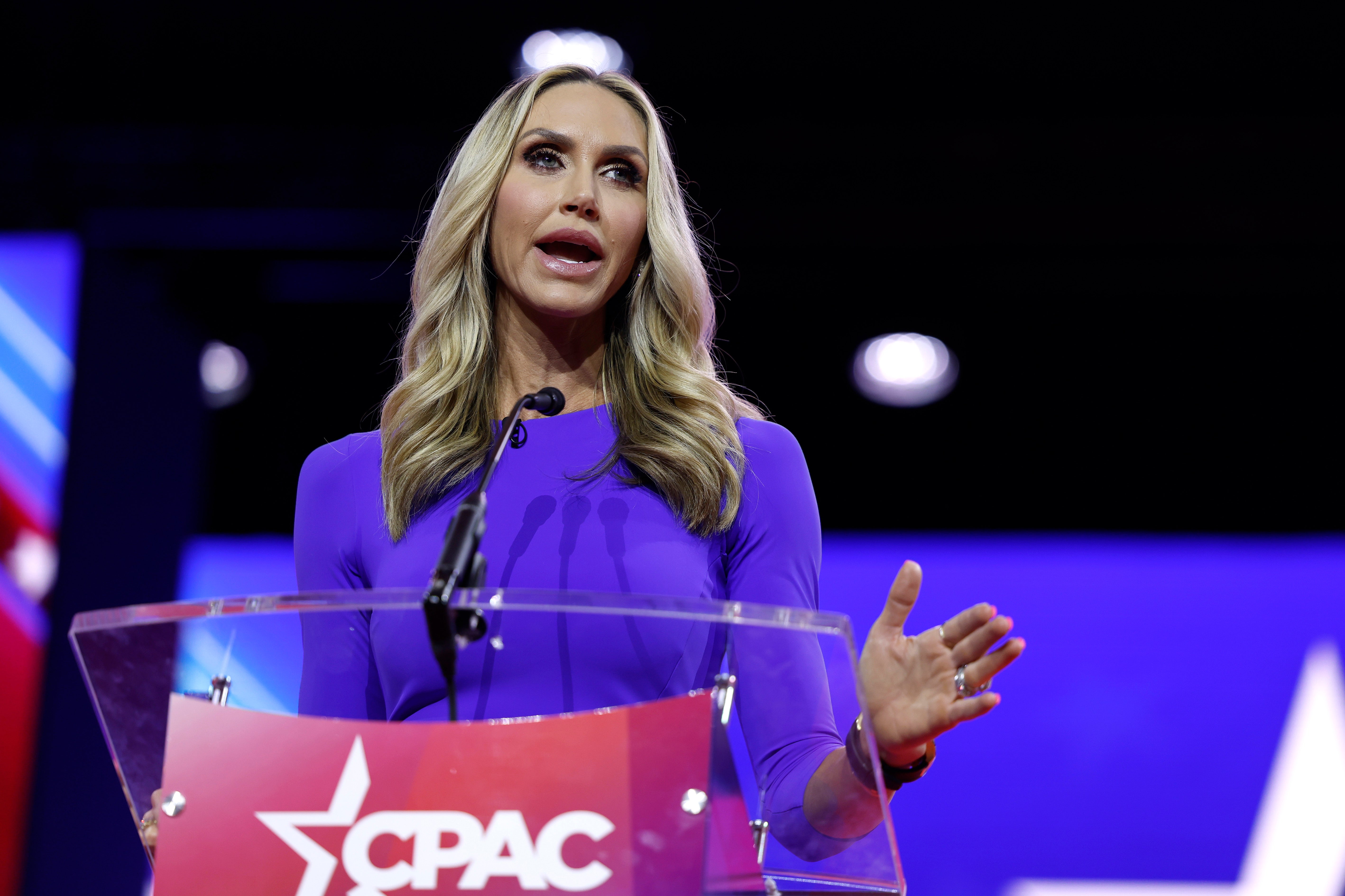 Lara Trump speaks during the annual Conservative Political Action Conference in March. Ms Trump has dabbled in her own bit of music, releasing a single a few weeks ago