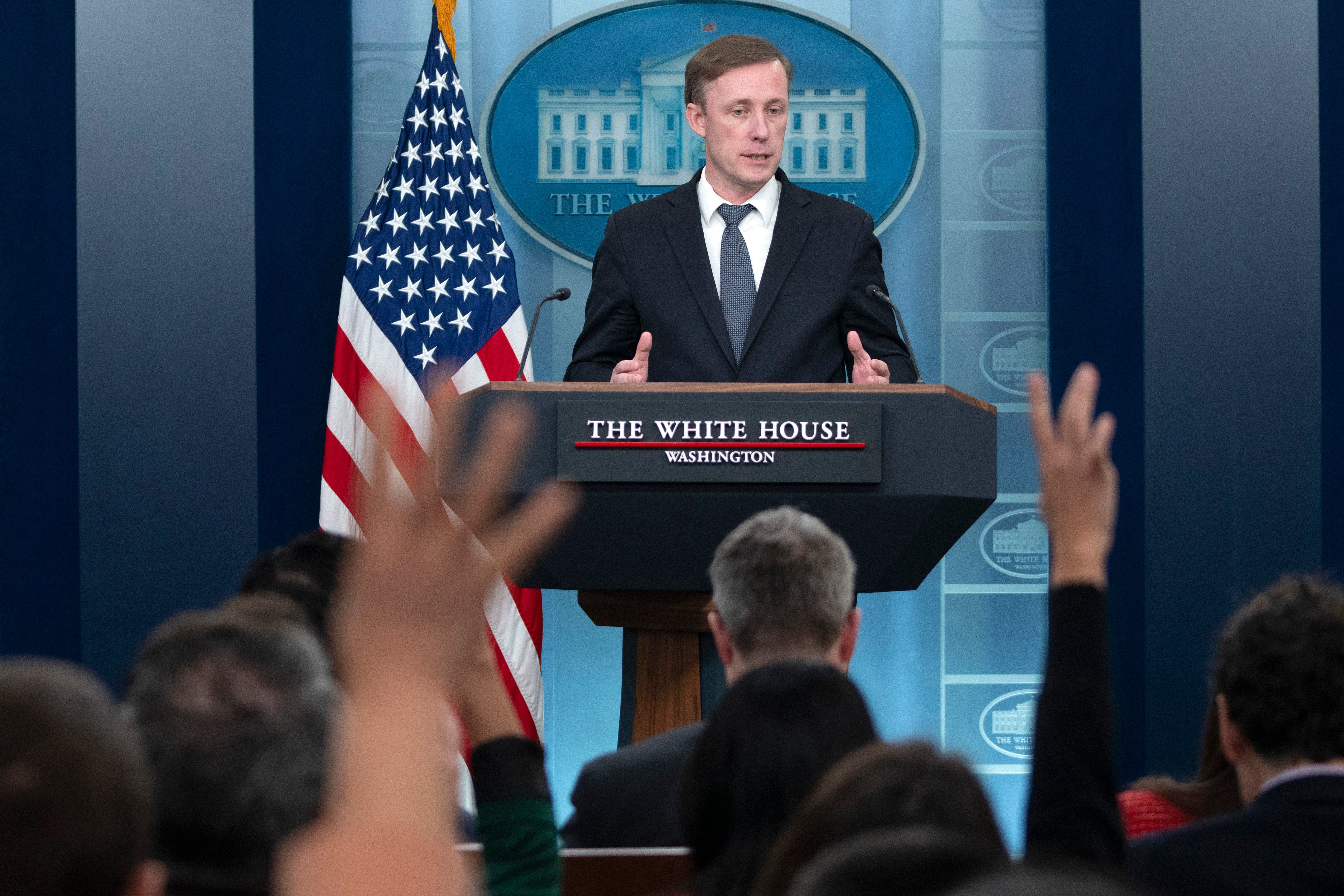 National Security Advisor Jake Sullivan speaks during a press briefing at the White House on 14 February.