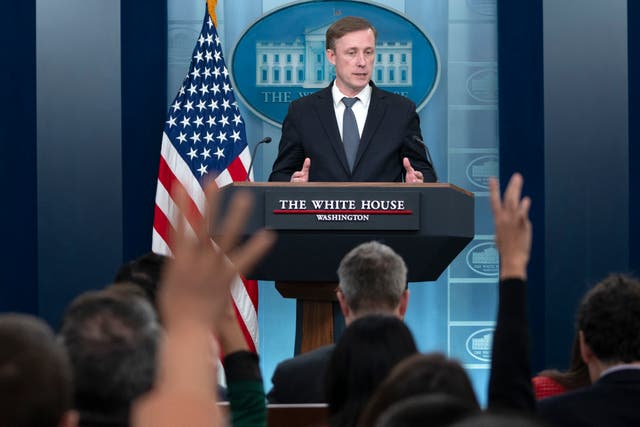 <p>National Security Advisor Jake Sullivan speaks during a press briefing at the White House on 14 February. </p>