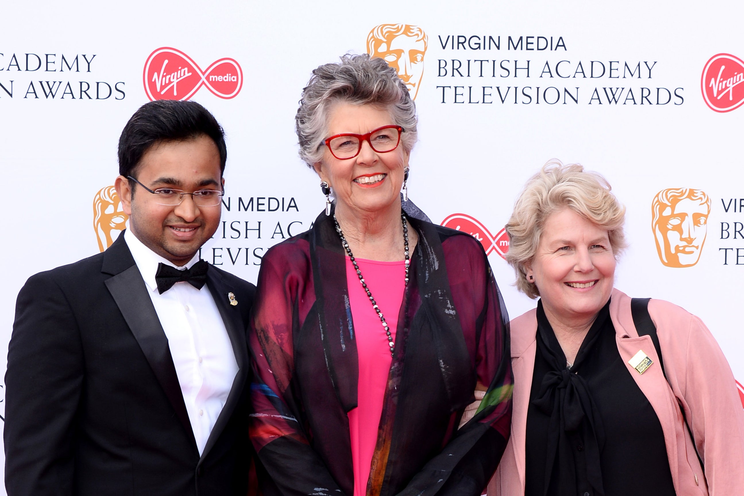 Bake Off 2018 winner Rahul Mandal, Prue Leith and Sandi Toksvig