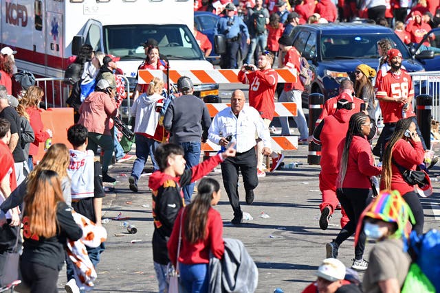 <p>Kansas City, MO, USA; Fans run after shots were fired after the celebration the celebration of the Kansas City Chiefs winning Super Bowl LVIII</p>