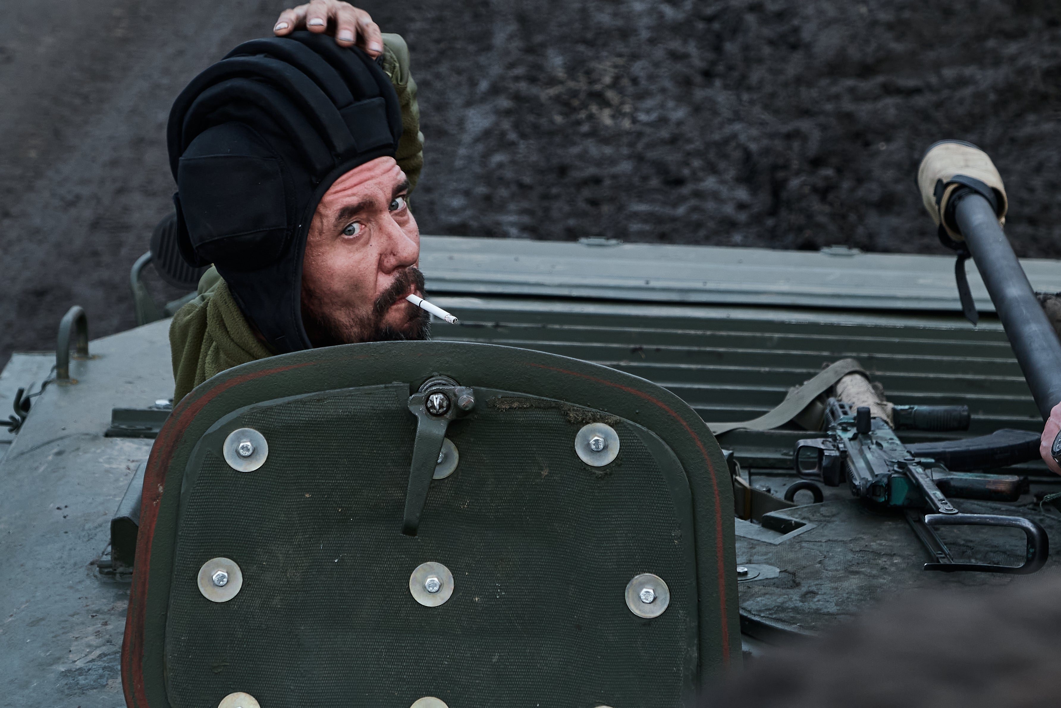 Soldiers on the Armored Infantry Vehicle 2 (BMP-2), on the road to the city, the outskirts of Avdiivka