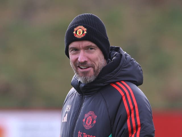 <p>Manchester United Head Coach Erik ten Hag looks on during a first team training session at Carrington Training Ground</p>