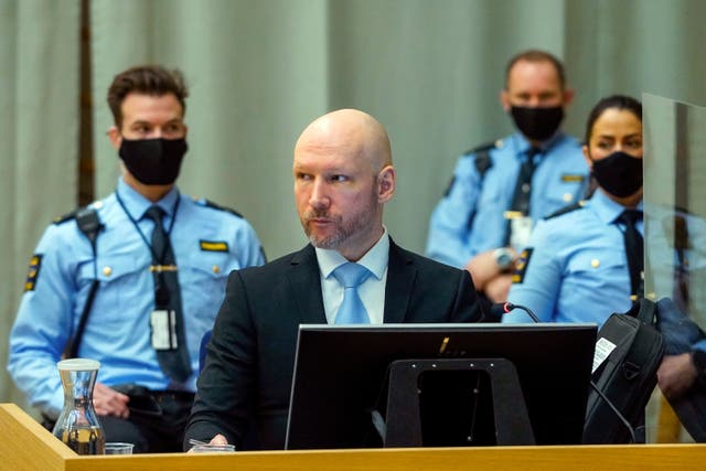 <p>Breivik in court on Thursday </p>