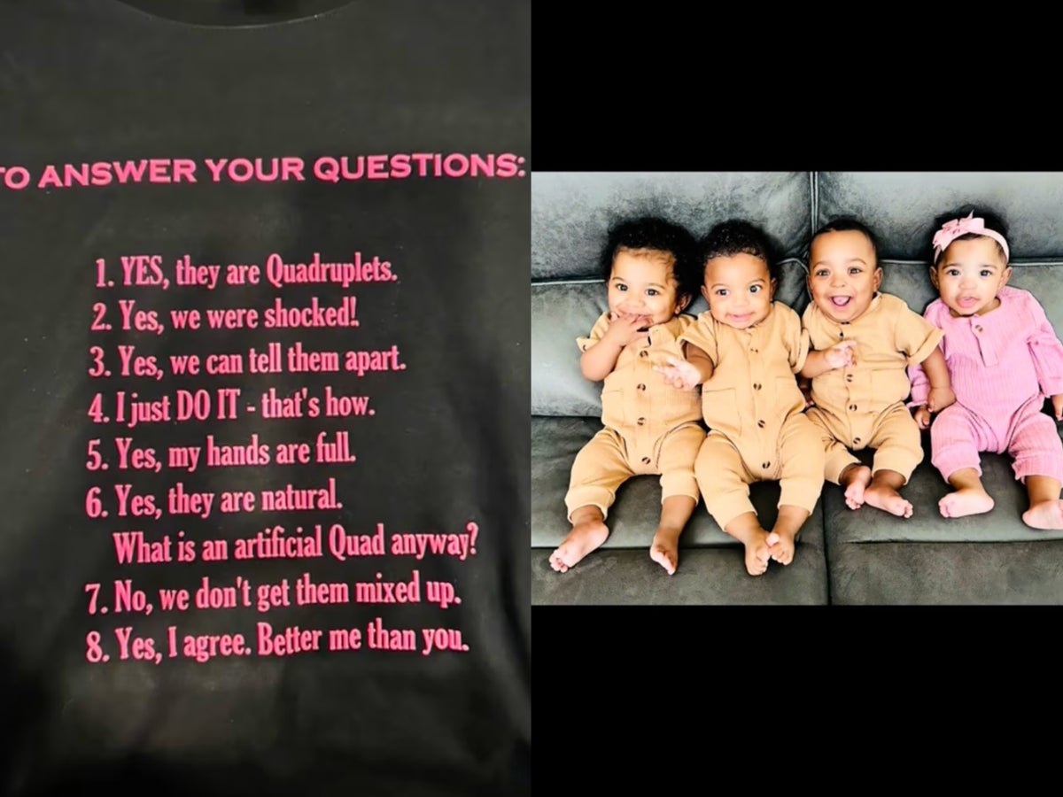 Quadruplet mother creates hilarious T-shirt that answers commonly asked questions she receives