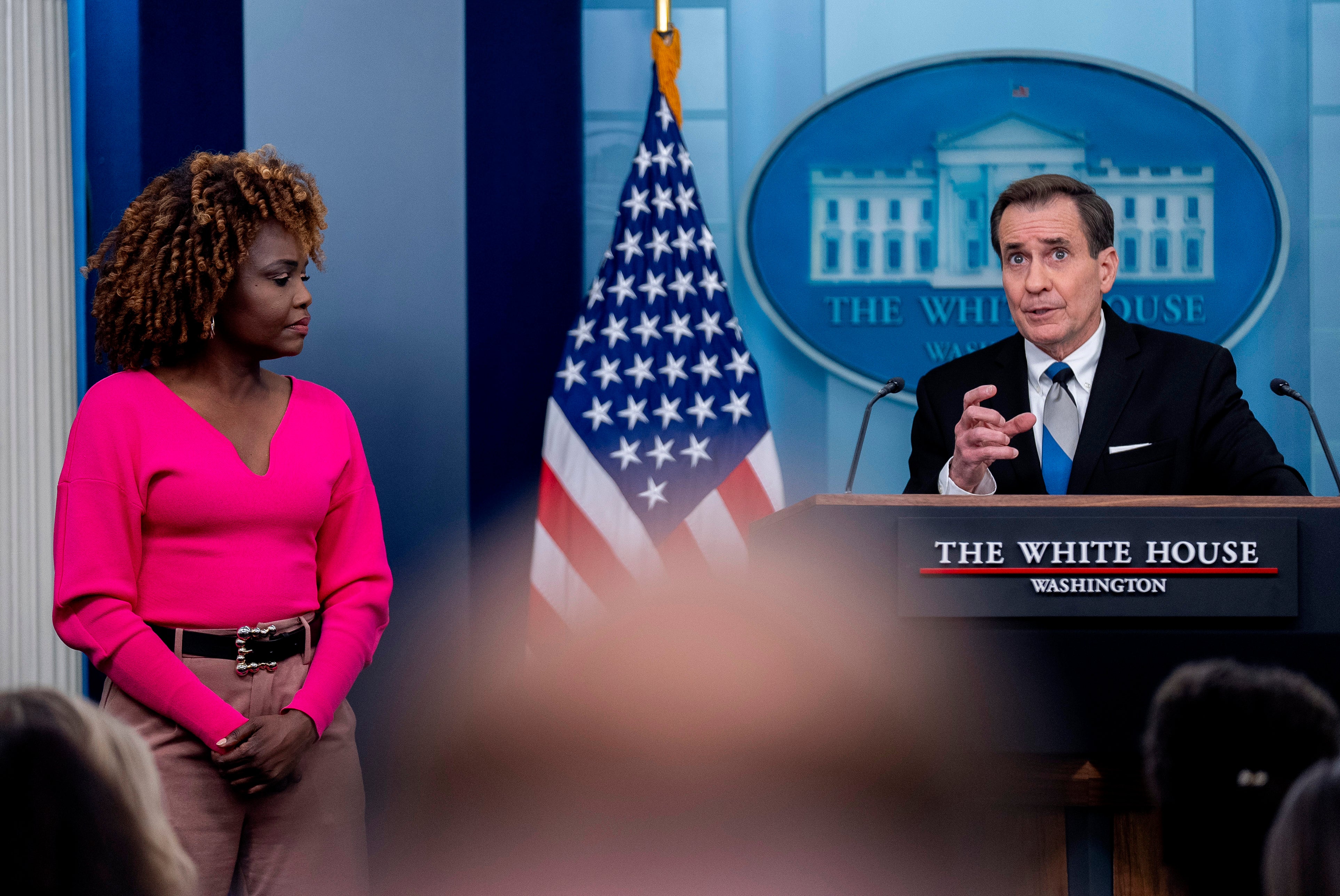 <p>White House national security communications adviser John Kirby, accompanied by White House press secretary Karine Jean-Pierre, speaks at a press briefing at the White House in Washington, Thursday, Feb. 15, 2024. (AP Photo/Andrew Harnik)</p>