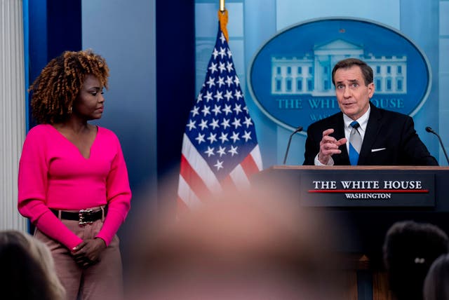 <p>White House national security communications adviser John Kirby, accompanied by White House press secretary Karine Jean-Pierre, speaks at a press briefing at the White House in Washington, Thursday, Feb. 15, 2024. (AP Photo/Andrew Harnik)</p>