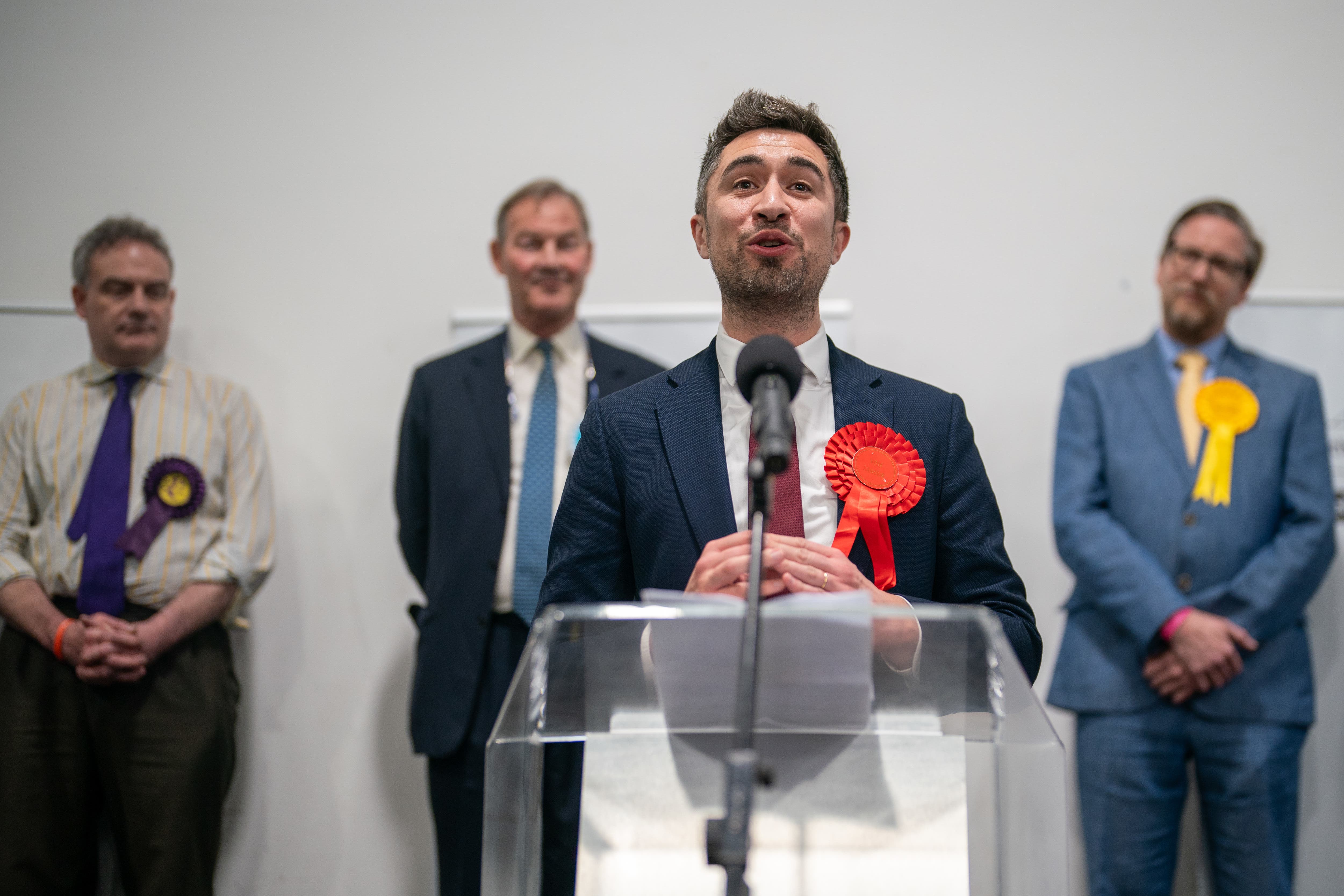 Labour candidate Damien Egan gives a speech after being declared MP for Kingswood (Ben Birchall/PA Wire)