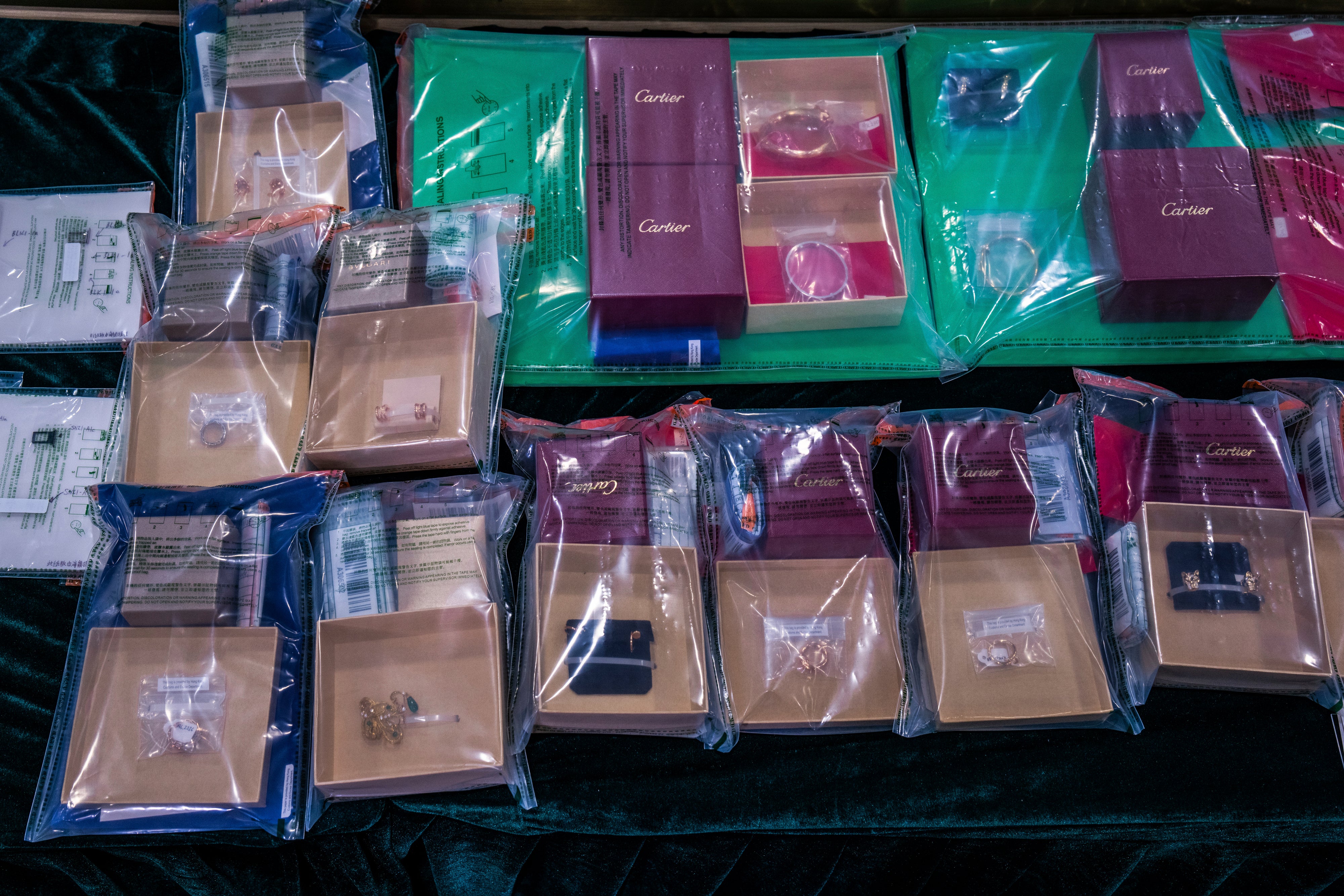 Evidence are displayed by Hong Kong Customs during a press conference on a money laundering case