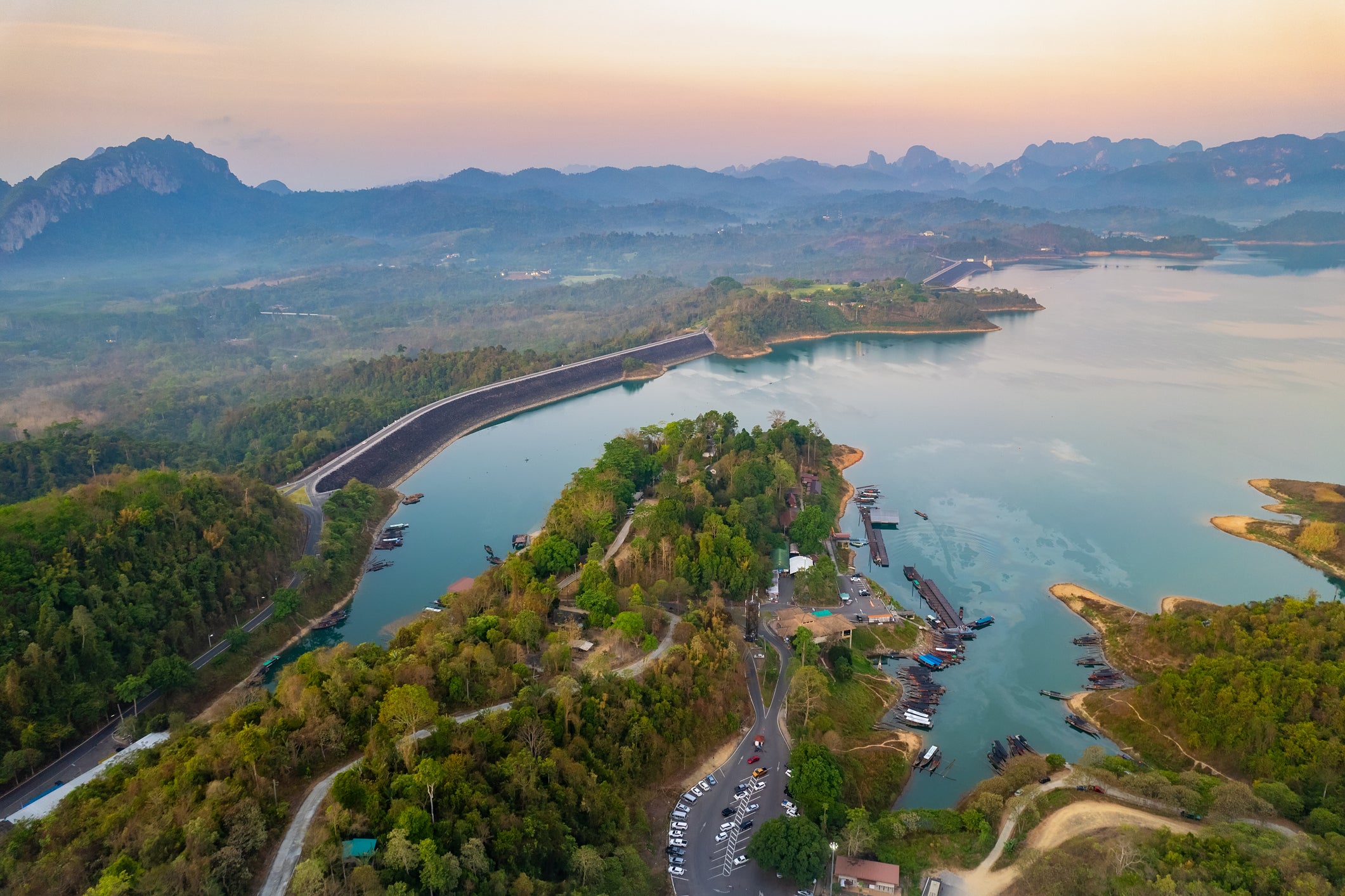 Aerial view of Rajjaprapha dam Khao sok national park at Suratthani, Thailand