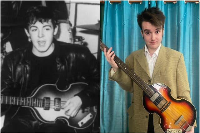 <p>Paul McCartney (left) with his Hofner bass guitar, which was stolen in 1972 and has since been returned by film student Ruaidhri Guest</p>