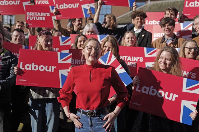 Newly elected Labour MP Gen Kitchen (centre) after being declared winner in the Wellingborough by-election (Joe Giddens/PA)