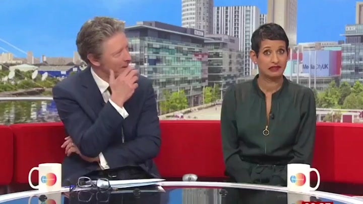 <p>Awkward moment BBC Charlie Stayt tells 87-year-old guest to ‘stop talking’ as Naga Munchetty calls him ‘rude’.</p>