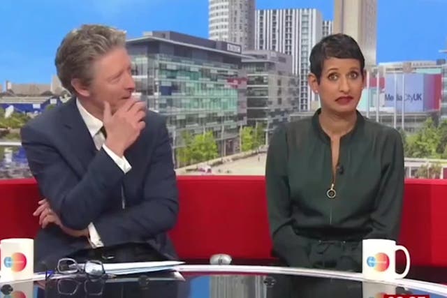 <p>Awkward moment BBC Charlie Stayt tells 87-year-old guest to ‘stop talking’ as Naga Munchetty calls him ‘rude’.</p>