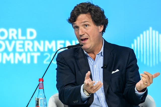 <p>Tucker Carlson, US television personality and founder of the Tucker Carlson Network, speaks at a panel session during the World Government Summit in Dubai on February 12, 2024</p>