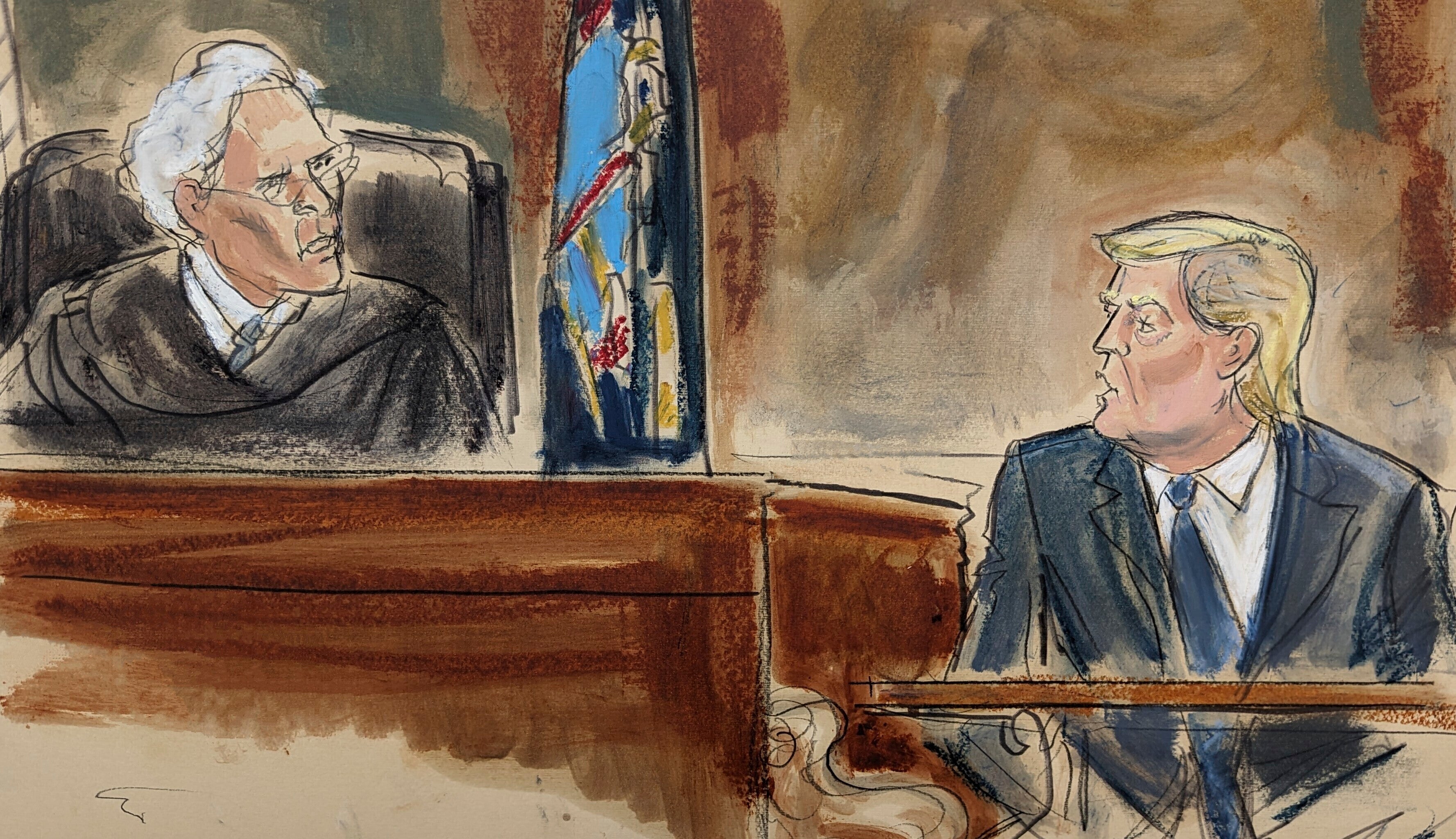 A courtroom sketch depicts Donald Trump on the witness stand in a civil fraud trial on 25 October, 2023.