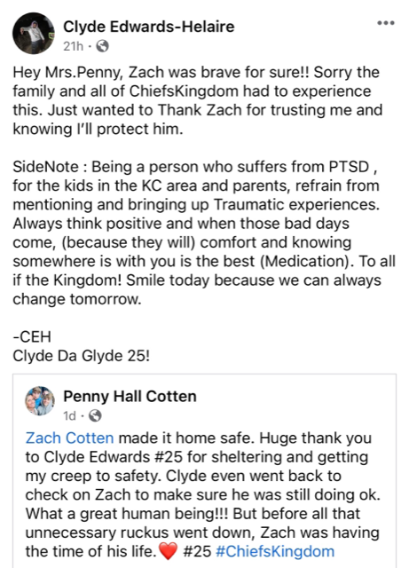 Chiefs #25 Clyde Edwards-Helaire responded to a Kansas City woman’s social media thanks for looking after a 13-year-old fan amidst the shooting chaos on Wednesday