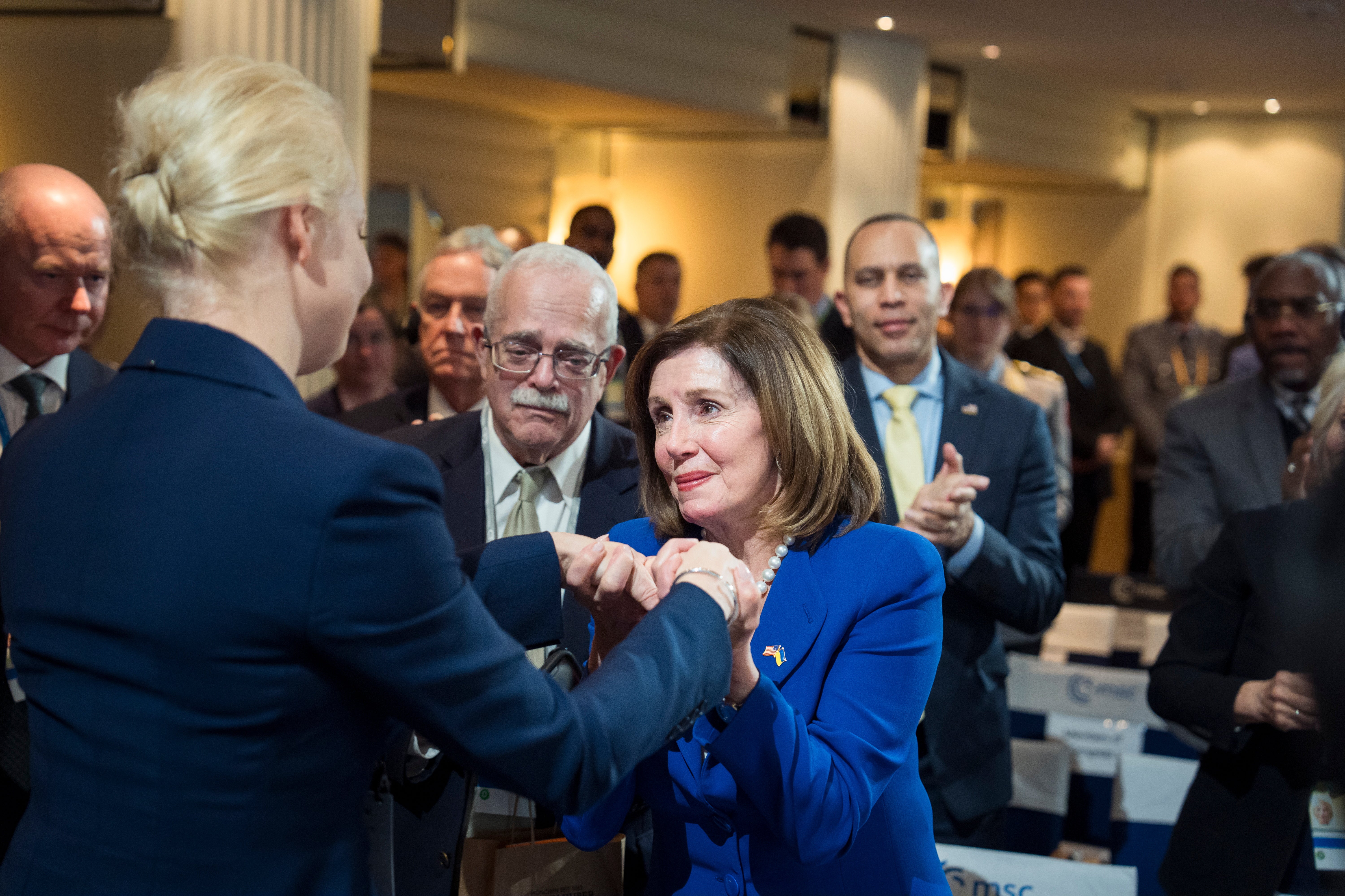 Former US speaker Nancy Pelosi (right) meets Yulia Navalnaya, wife of the late Russian opposition leader Alexei Navalny, during the 60th Munich Security Conference at the Bayerischer Hof hotel in Munich, on 16 February 2024