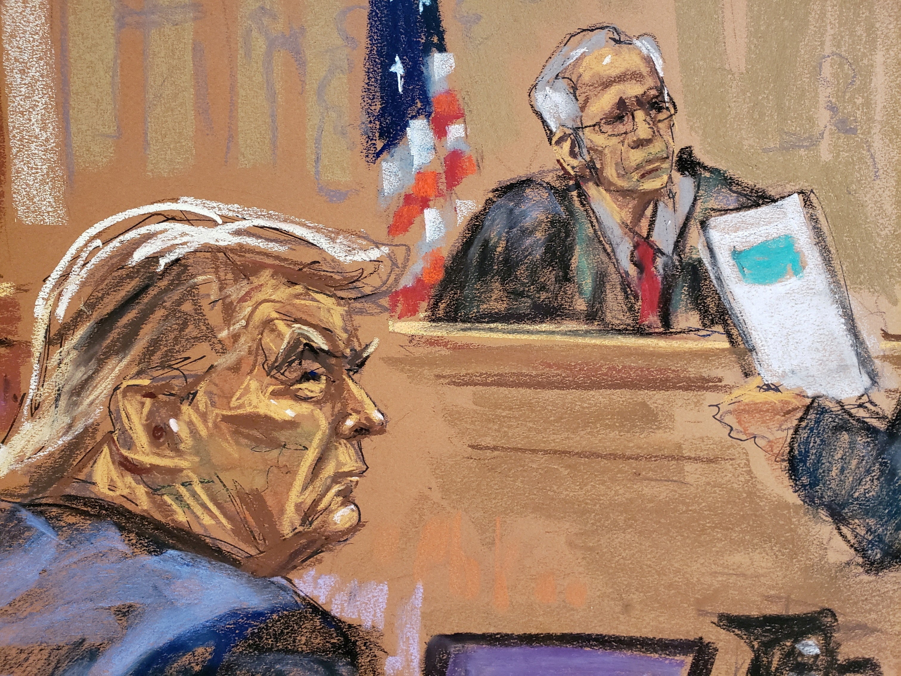 A courtroom sketch depicts Donald Trump in front of New York Justice Arthur Engoron during his civil fraud trial on 2 October, 2023.