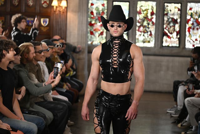 <p>Edward Crutchley’s show during London Fashion Week February 2024: ‘London’s designers have doubled down on the kinky corp-core trend’ </p>