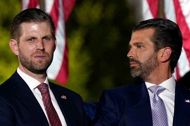 <p>Eric Trump and Donald Trump Jr attend a speech by their father at the White House in August 2020 </p>