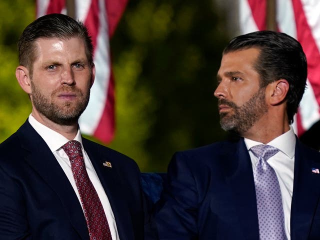 <p>Eric Trump and Donald Trump Jr attend a speech by their father at the White House in August 2020 </p>