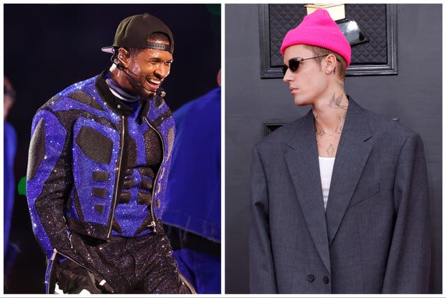 <p>Usher (left) and Justin Bieber</p>