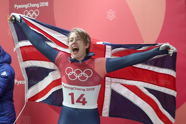 Great Britain’s Lizzy Yarnold celebrates winning skeleton gold at the 2018 Winter Olympics in Pyeongchang (David Davies/PA)