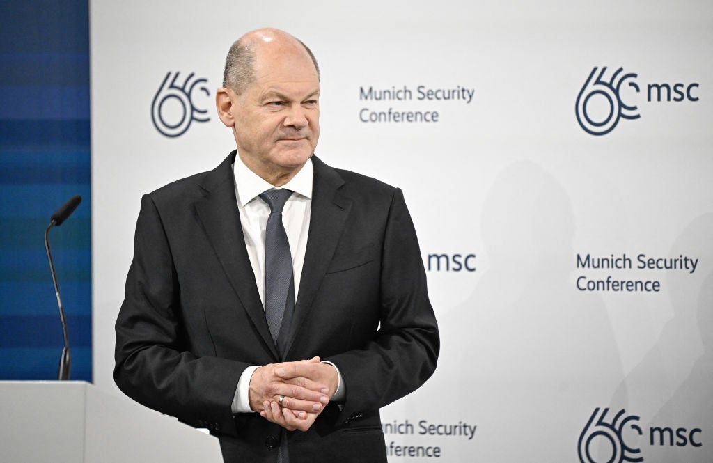 German Chancellor Olaf Scholz looks on after delivering his speech at the 60th Munich Security Conference