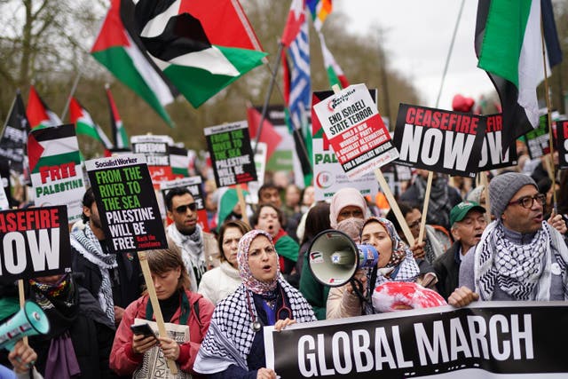 People take part in a pro-Palestine demonstration in central London (Jordan Pettitt/PA)