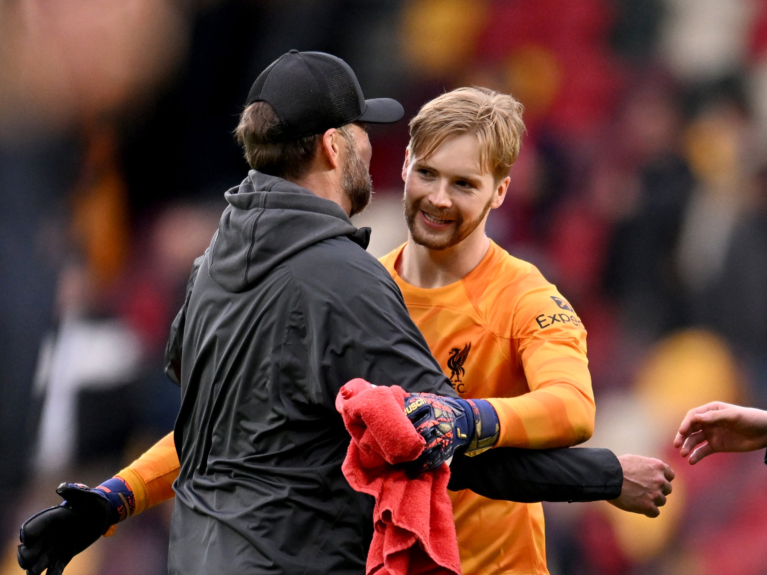 Jurgen Klopp embraces his stand-in goalkeeper