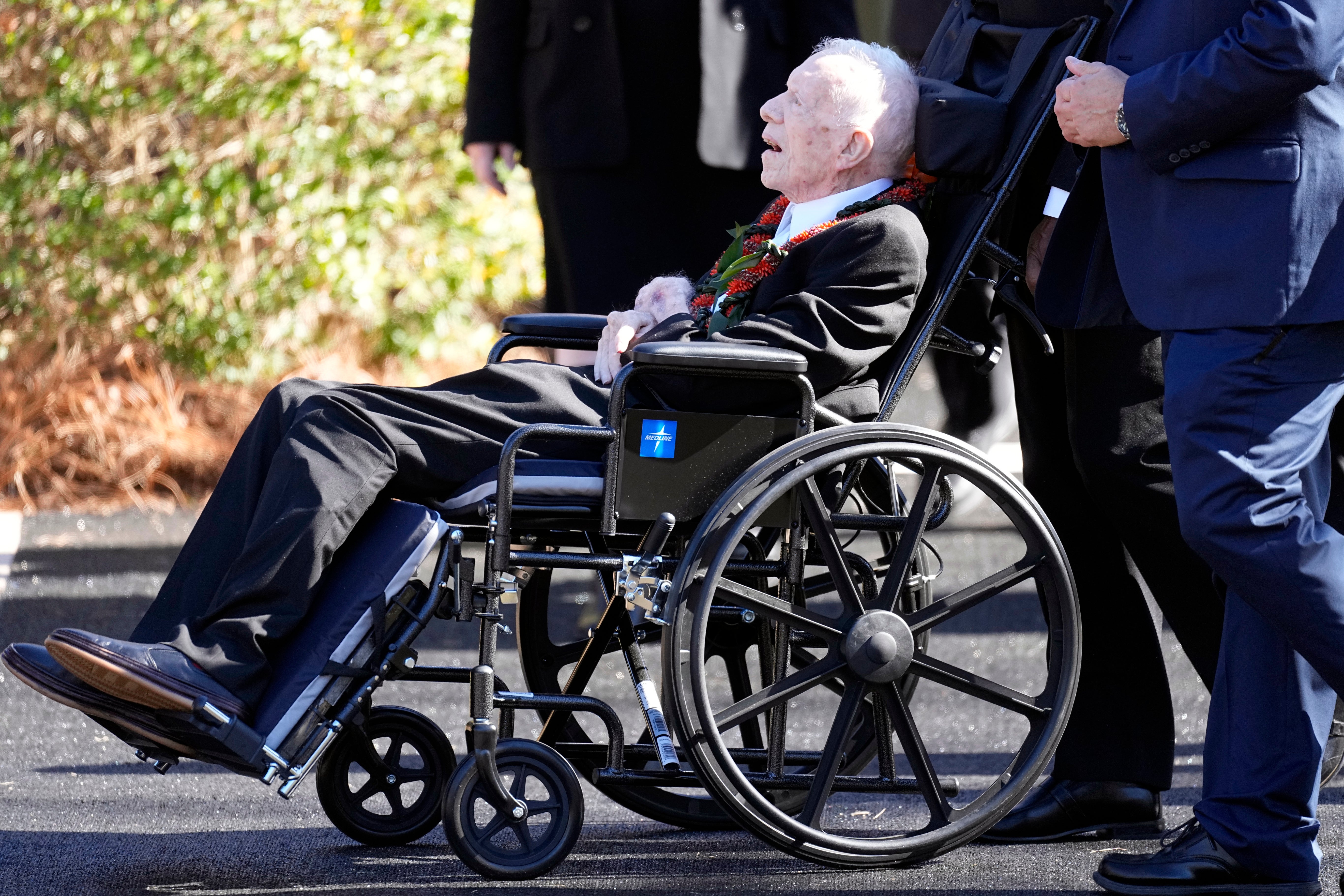 Former President Jimmy Carter departs after attending the funeral service for his wife, former first lady Rosalynn Carter, at Maranatha Baptist Church, in Plains, Georgia on 29 November 2023