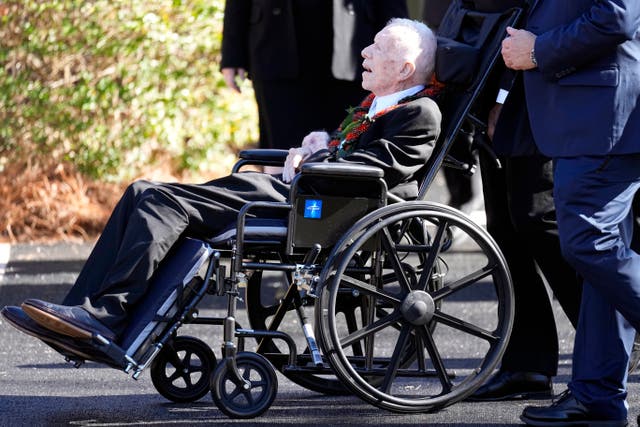 <p>Former President Jimmy Carter departs after attending the funeral service for his wife, former first lady Rosalynn Carter, at Maranatha Baptist Church, in Plains, Georgia on 29 November 2023</p>