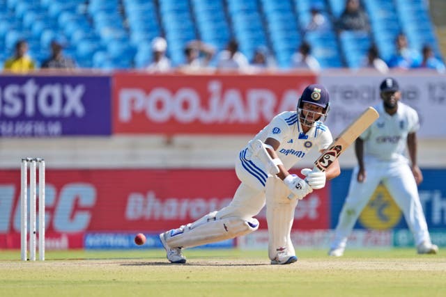 India’s Yashasvi Jaiswal plays a shot on the fourth day of the third cricket test match between England and India in Rajkot, India (Ajit Solanki/AP)